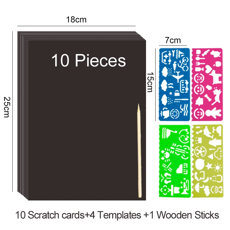 Krastekening set met 4 schildertemplates en kleurrijk kraspapier