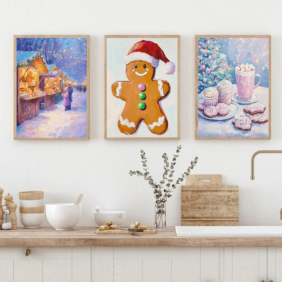 Kerst schilderij sfeervol nachtelijk sneeuwhuis met kerstboom op canvas