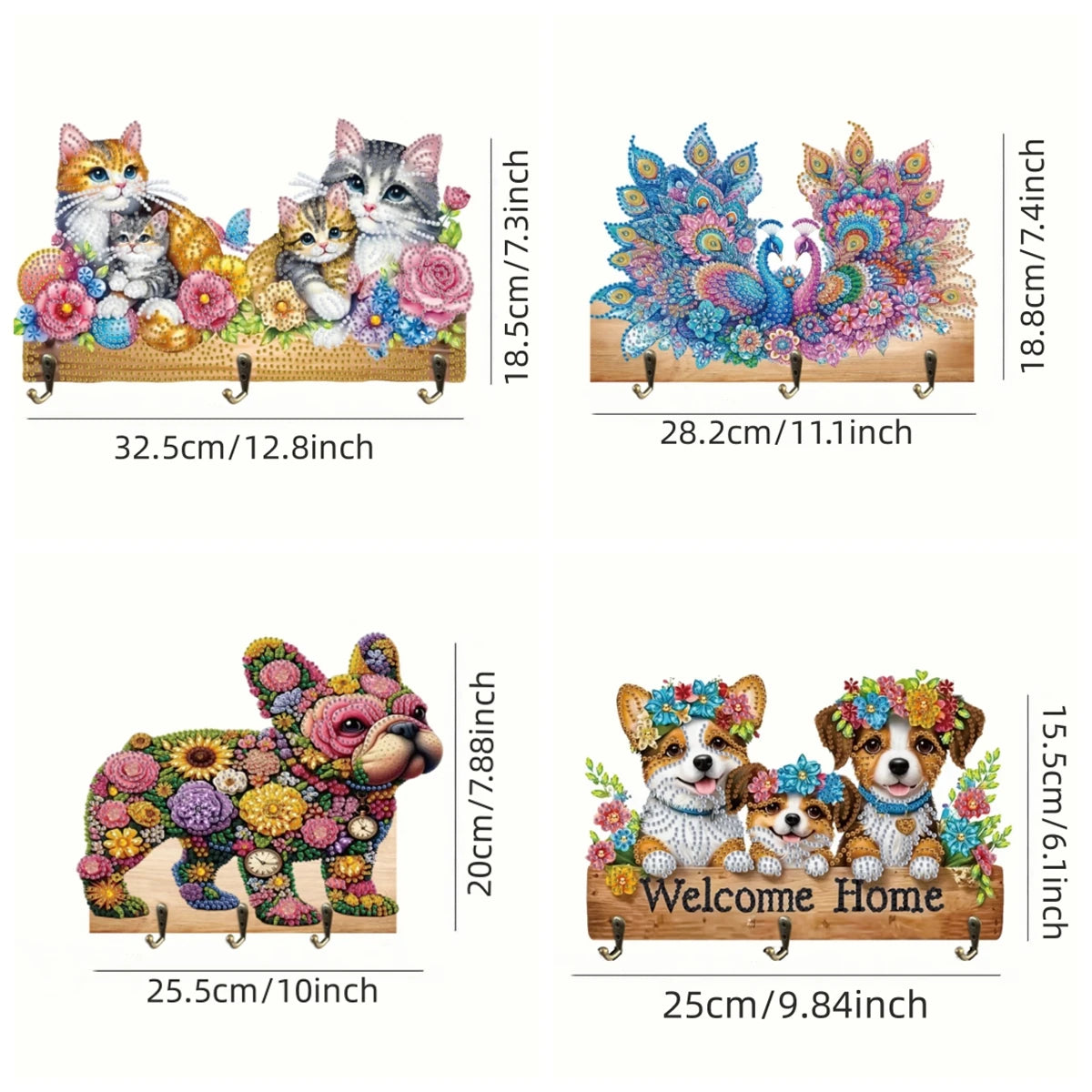 Diamond Painting Kapstok/Sleutelrek met Honden Design 3 Haken