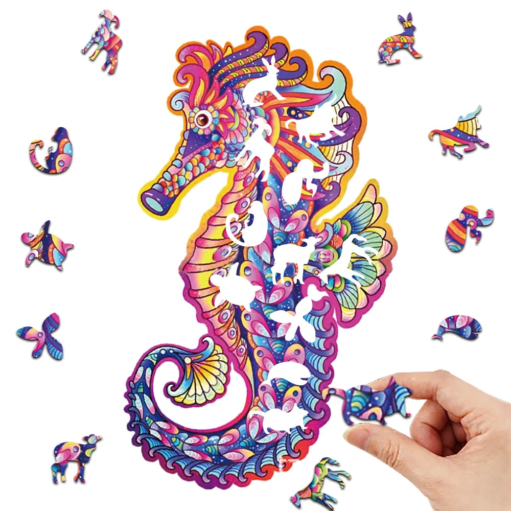 Houten figuren puzzel Colorful Seahorse – Kleurrijk en educatief puzzelplezier