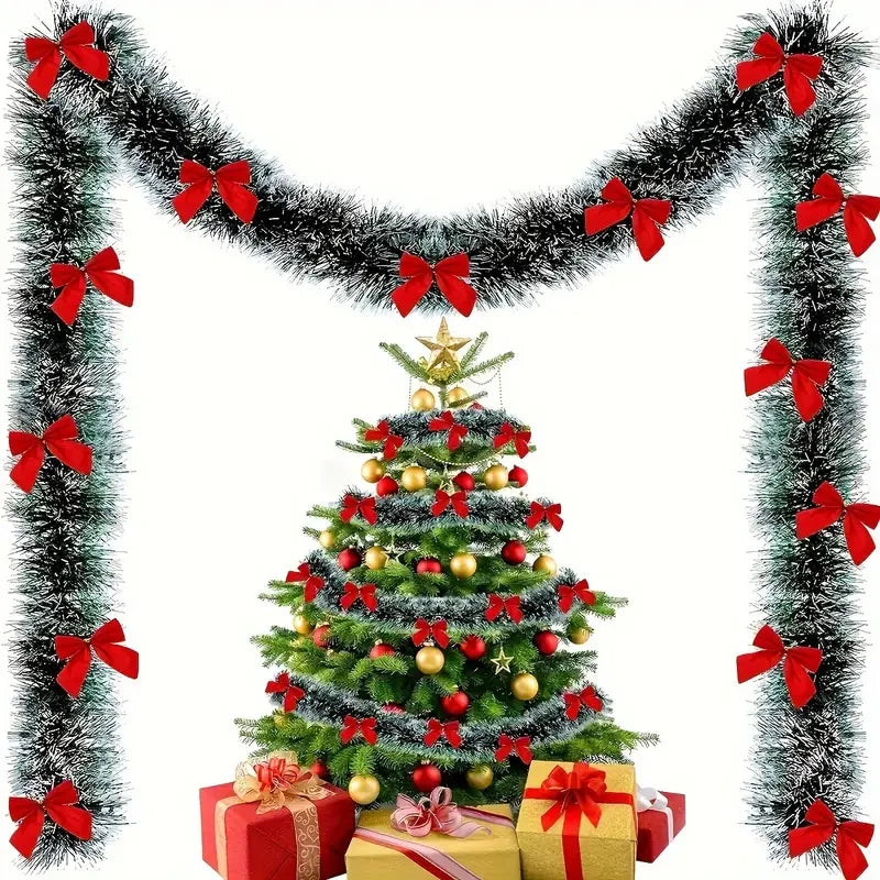 Kerst Guirlande met Strik en Glanzend Lint – Groene Decoratieve Slinger voor Boom, Krans en Feestdecoratie