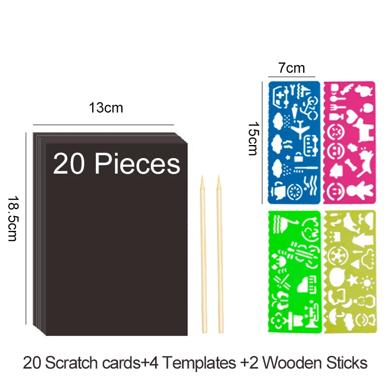 Krastekening set met 4 schildertemplates en kleurrijk kraspapier