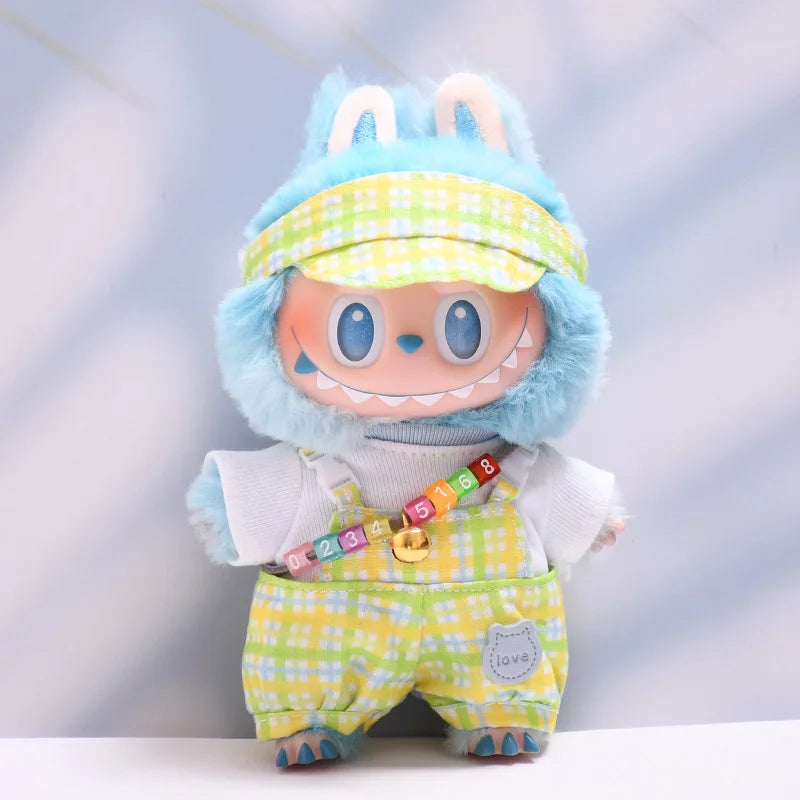 Kleding voor Labubu poppen – Regenboog overall en hoed set 15/17cm