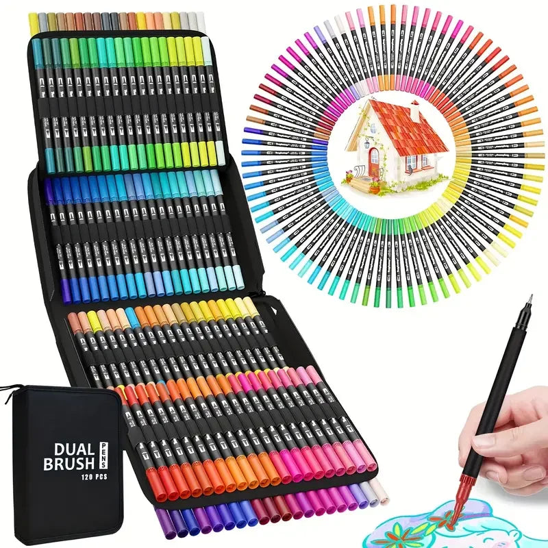 Stiften set met dual brush markers voor kleuren, tekenen en handletteren
