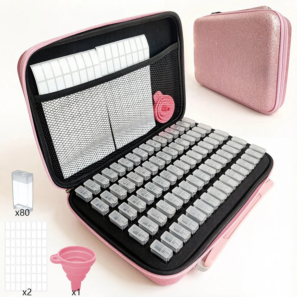 Diamond Painting Opbergkoffer met 54 Opbergpotjes Roze Organizer
