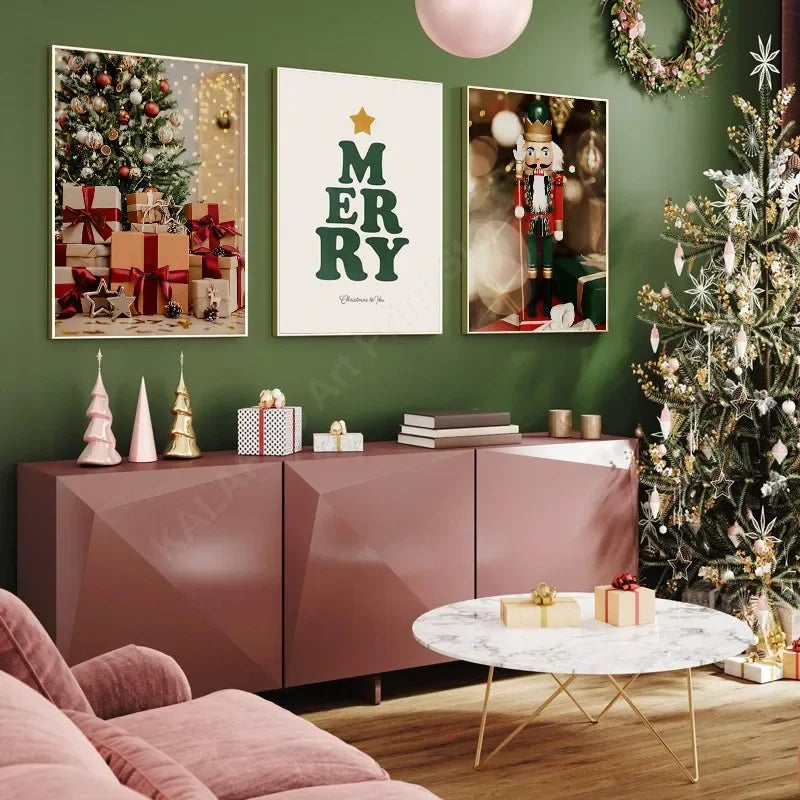 Kerst schilderij rode amaryllis met kerstboom en notenkraker – sfeervolle wanddecoratie