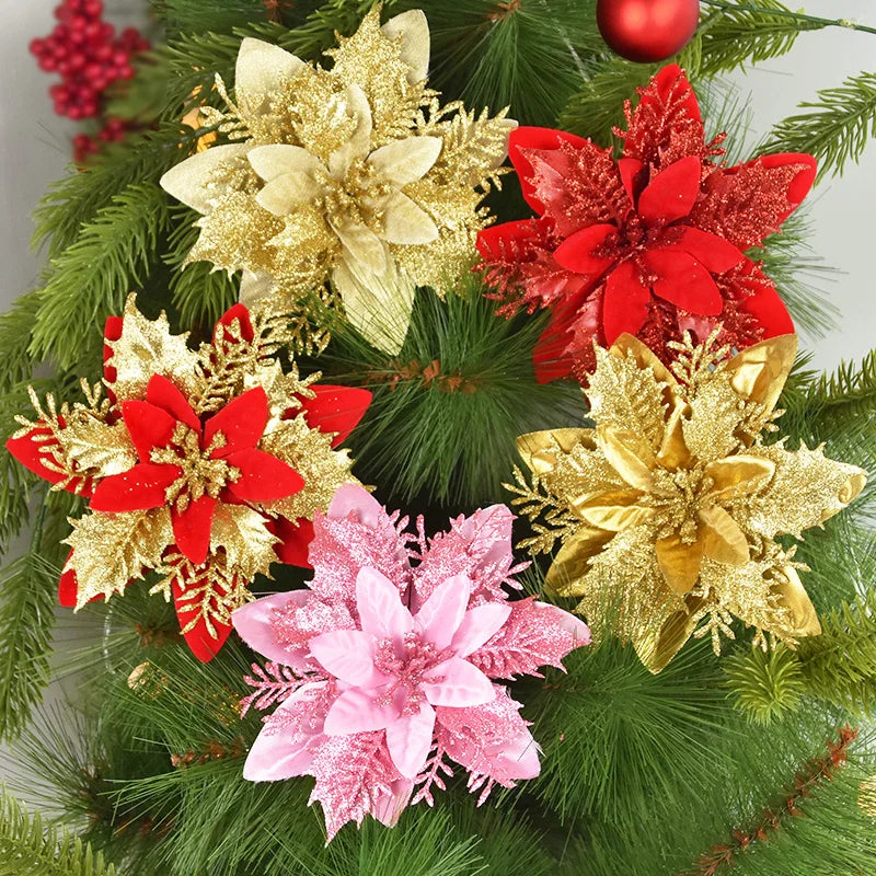 Kerstboom ornamenten glitter bloemen 14cm kerstdecoratie set