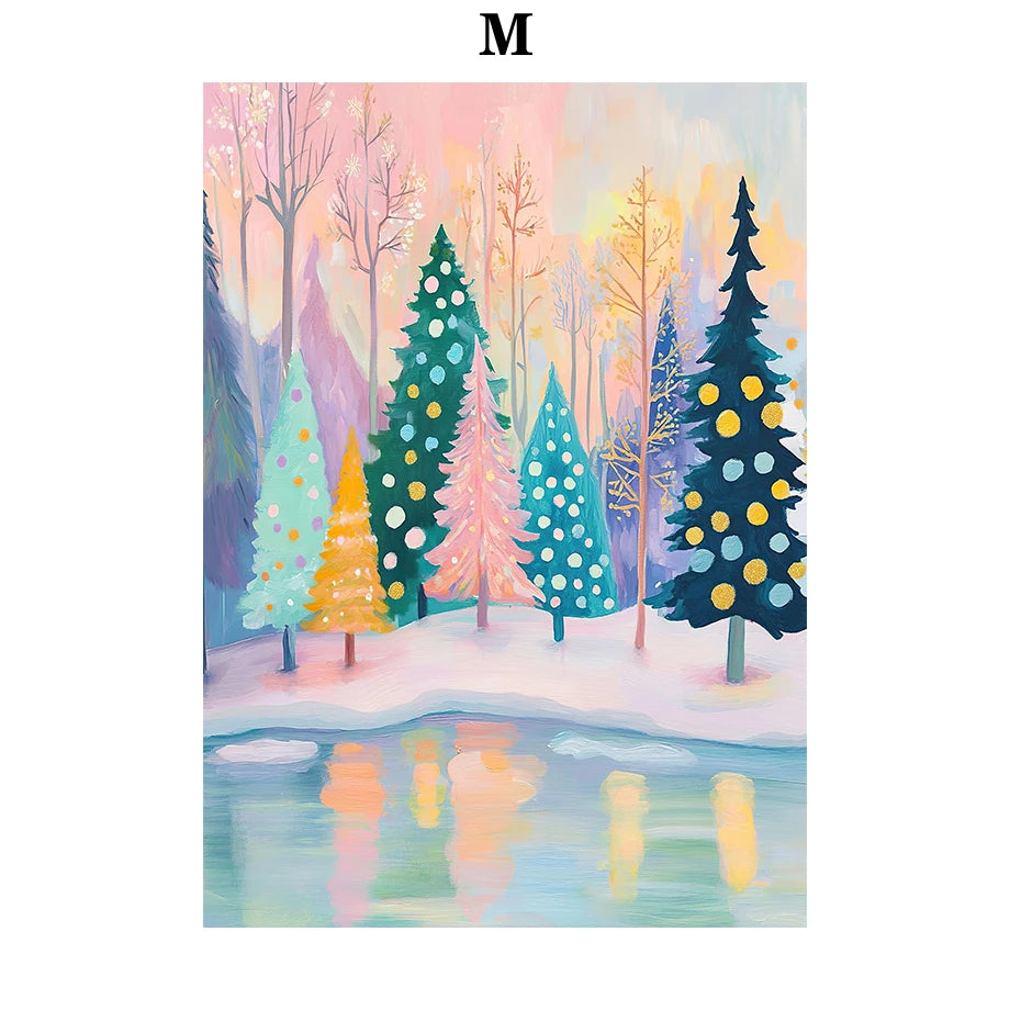 Kerst schilderij sfeervol nachtelijk sneeuwhuis met kerstboom op canvas