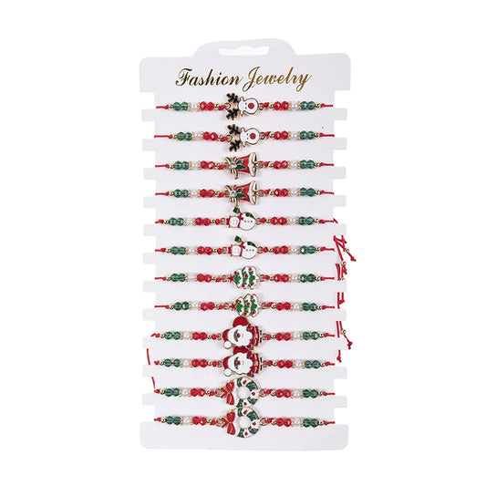 Kerst armbanden set 12 stuks met sneeuwvlok, rendier en kerstman bedels