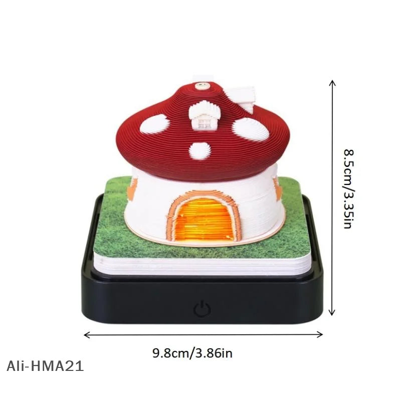 3D Papier Sculptuur Paddenstoel Huis Bureaukalender 2026 met LED Licht