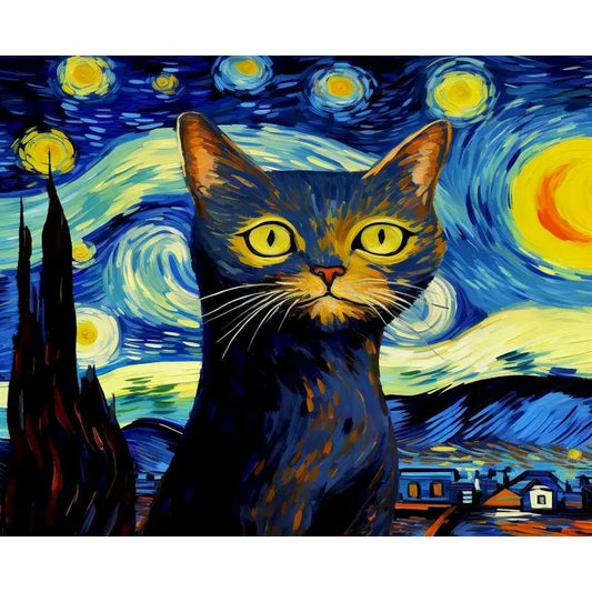 Diamond Painting Dieren 30x40cm met ronde steentjes - Sterrennacht kat