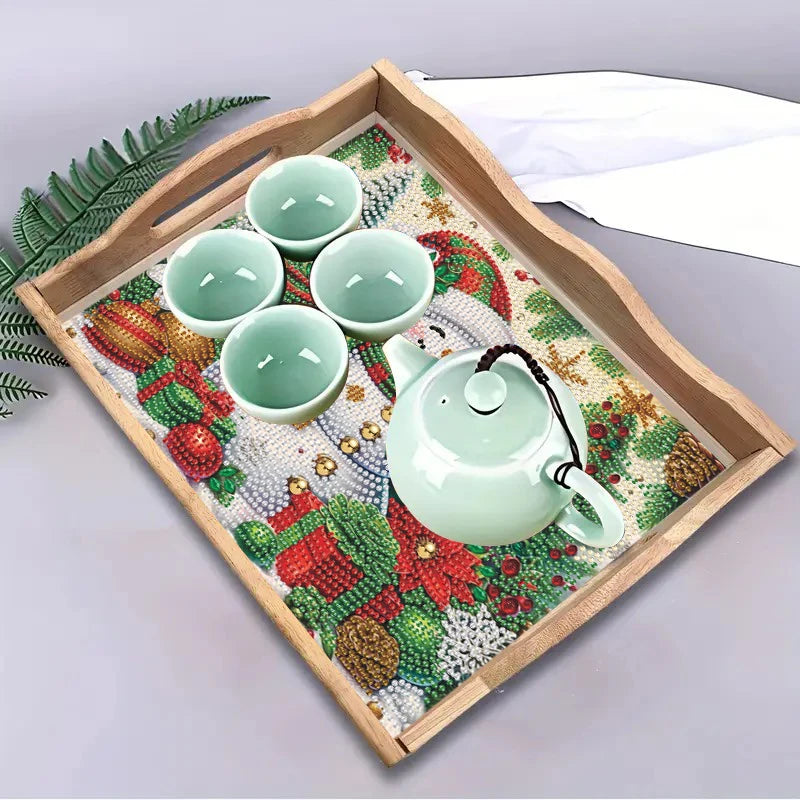Diamond Painting Dienblad Kerst met Sneeuwpop en Kerstbomen Houten Tray