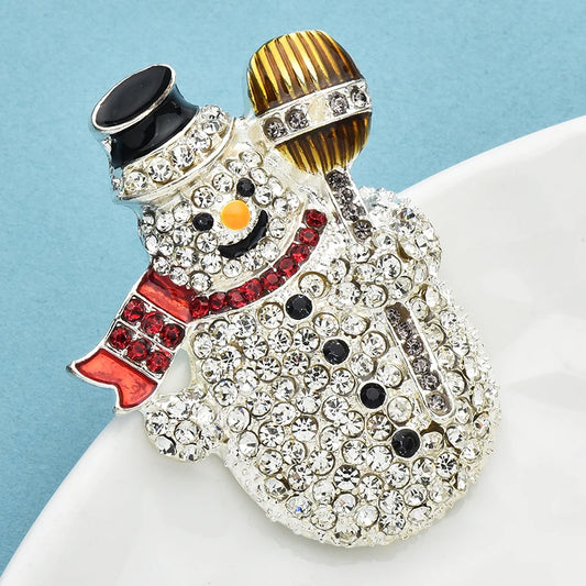 Kerst Broche Sneeuwpop met Bezem en Strass voor Winterfeest