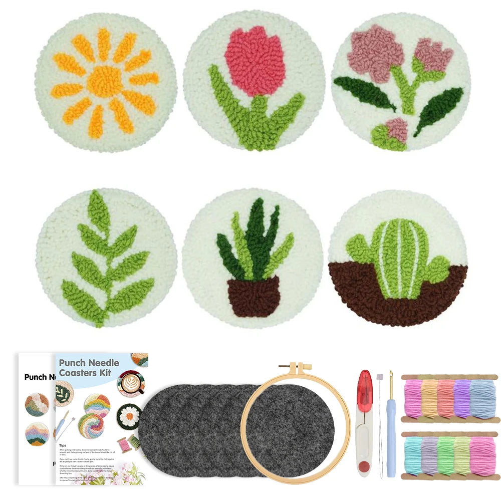 Punch Needle pakket onderzetters plantenpatroon 6 stuks voor beginners