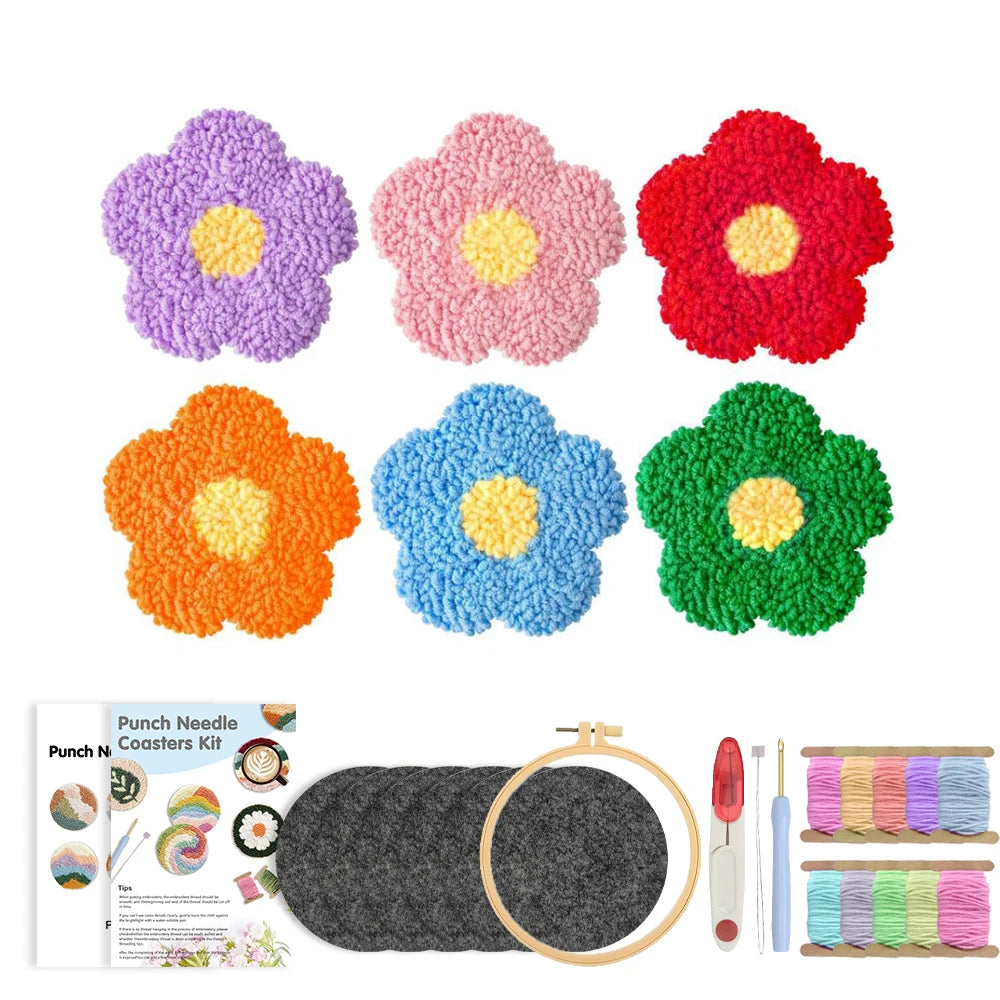 Punch Needle pakket onderzetters bloemen set van 6 voor beginners en volwassenen