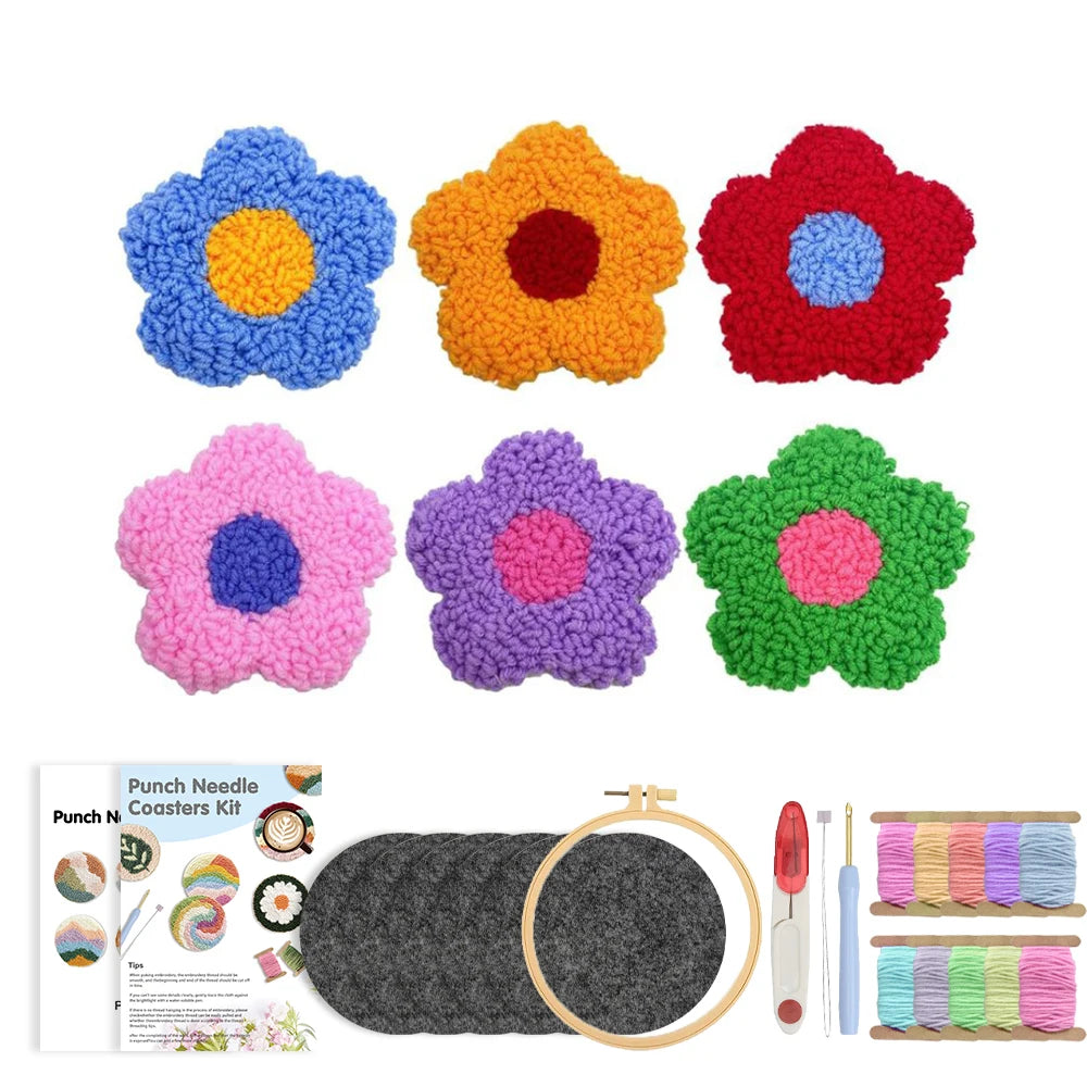 Punch Needle pakket onderzetters bloemen set van 6 voor beginners en volwassenen