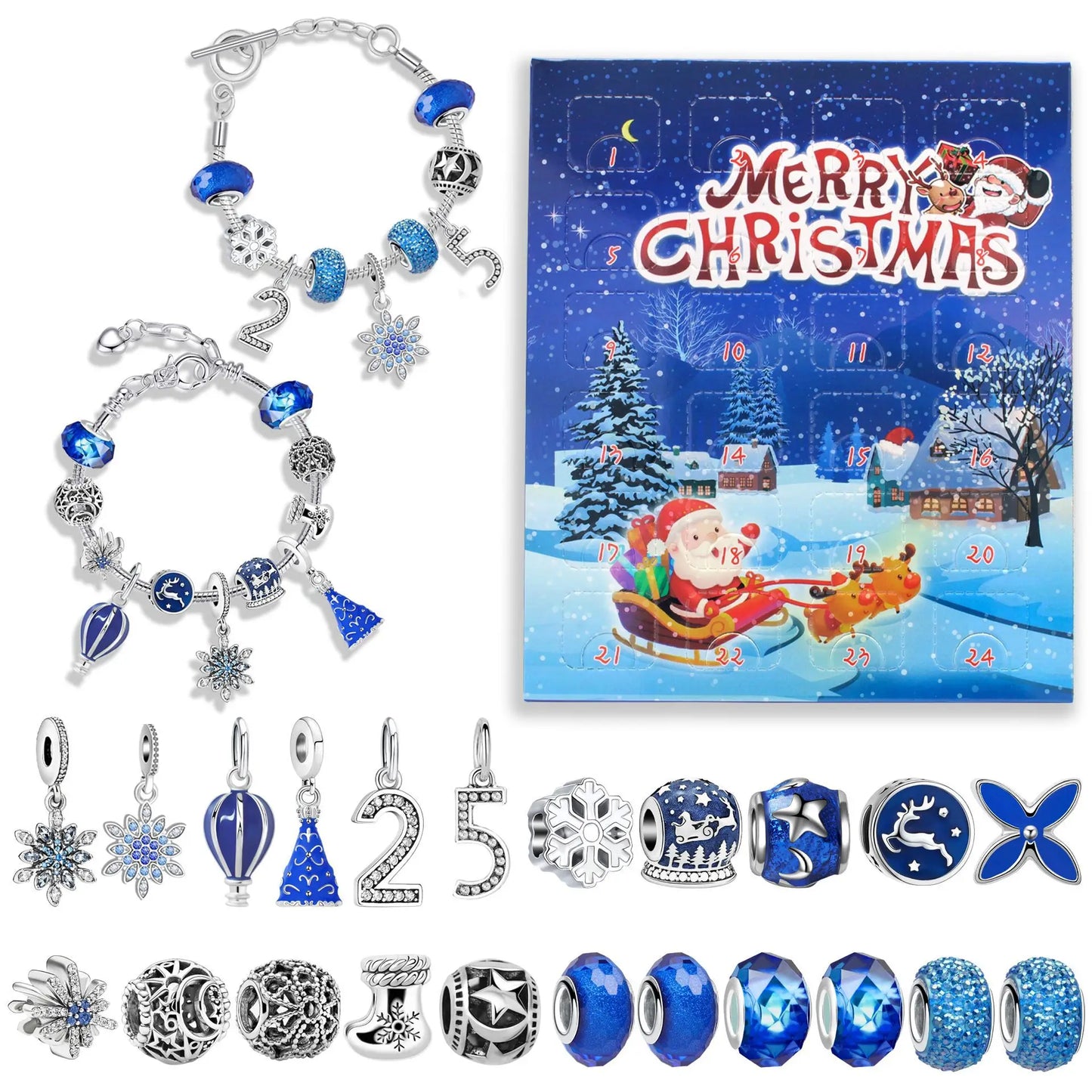 Advent kalender bedelarmbanden blauw met 24 verrassingen – kerstcadeau box