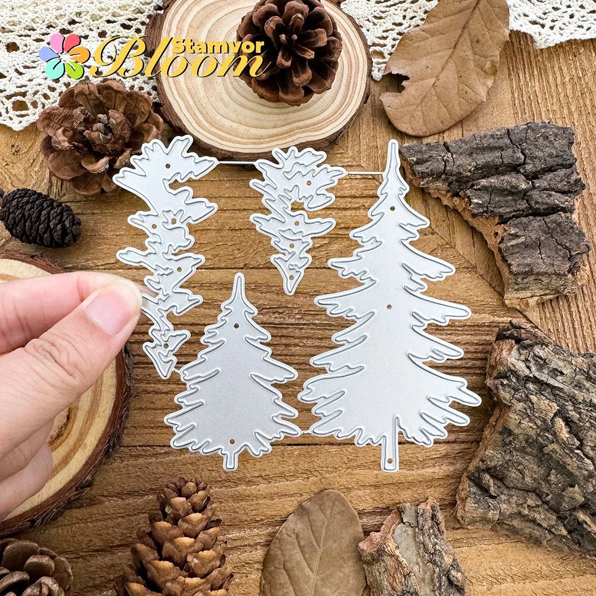 Snijmal Retro Winter Pine Bomen Laagjes voor Scrapbooking