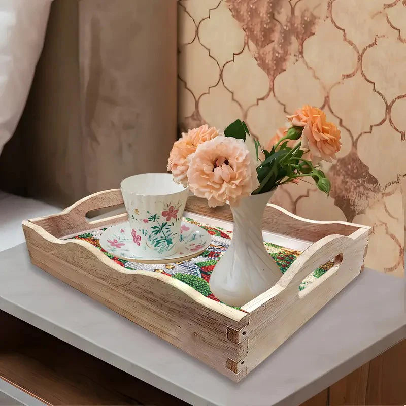 Diamond Painting Dienblad Kerst met Sneeuwpop en Kerstbomen Houten Tray