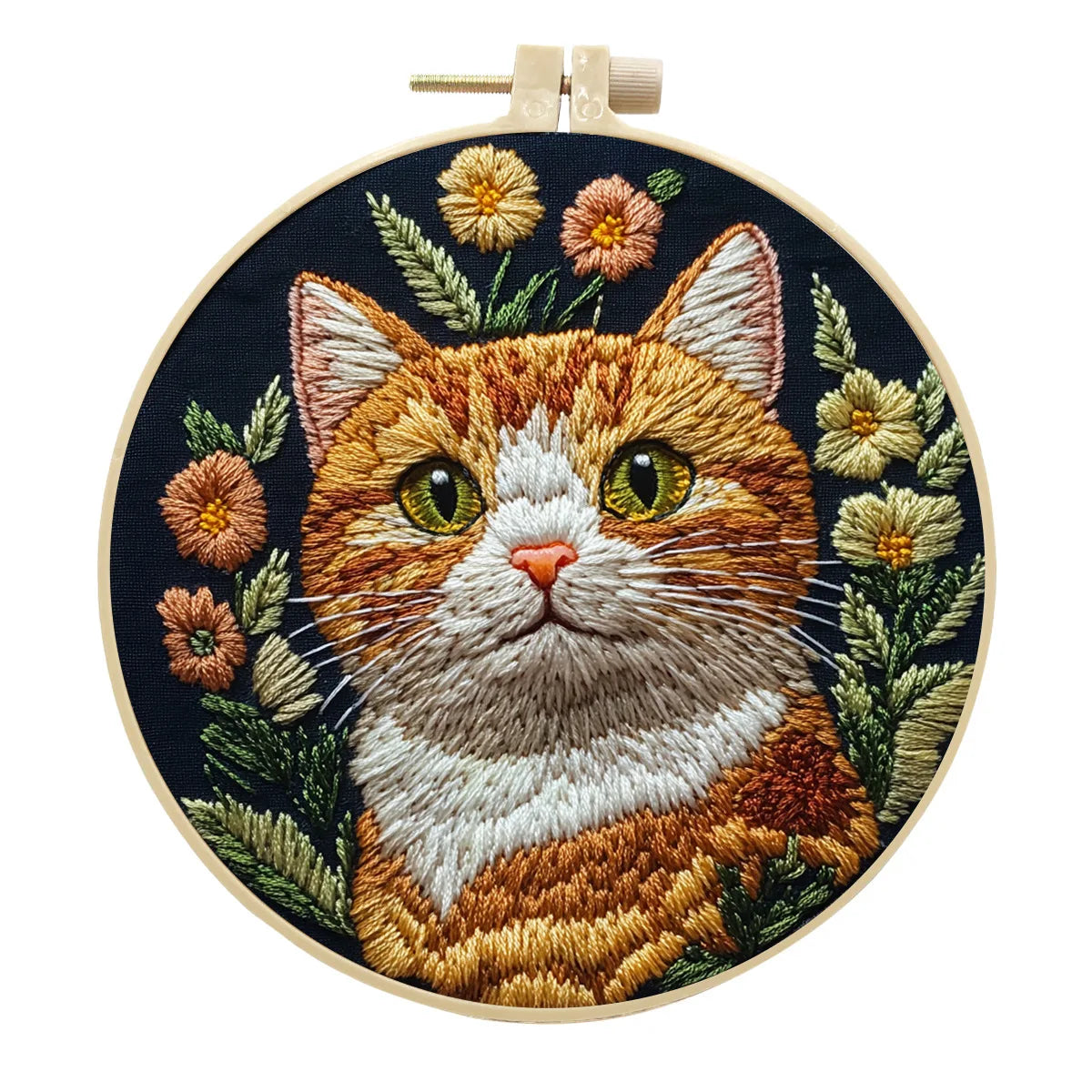 Borduurpakket rond Kat met Bloemen op Zwarte Stof 30 x 30 cm
