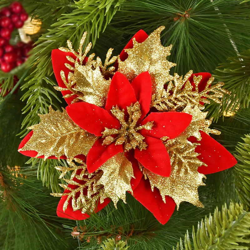 Kerstboom ornamenten glitter bloemen 14cm kerstdecoratie set