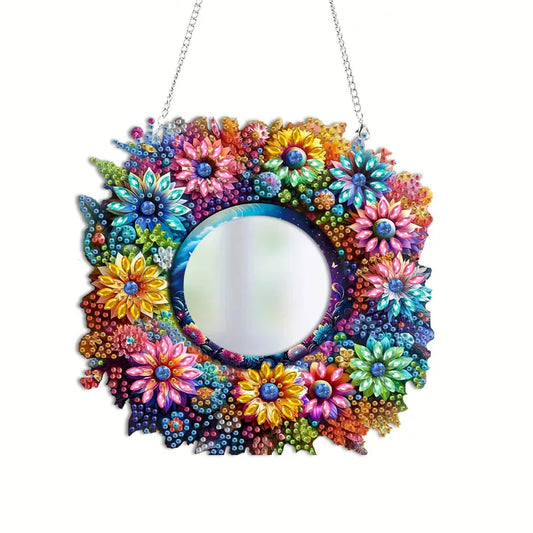 Diamond Painting Spiegel Gekleurde Bloemen Make-up Spiegel met Ketting - JZ005