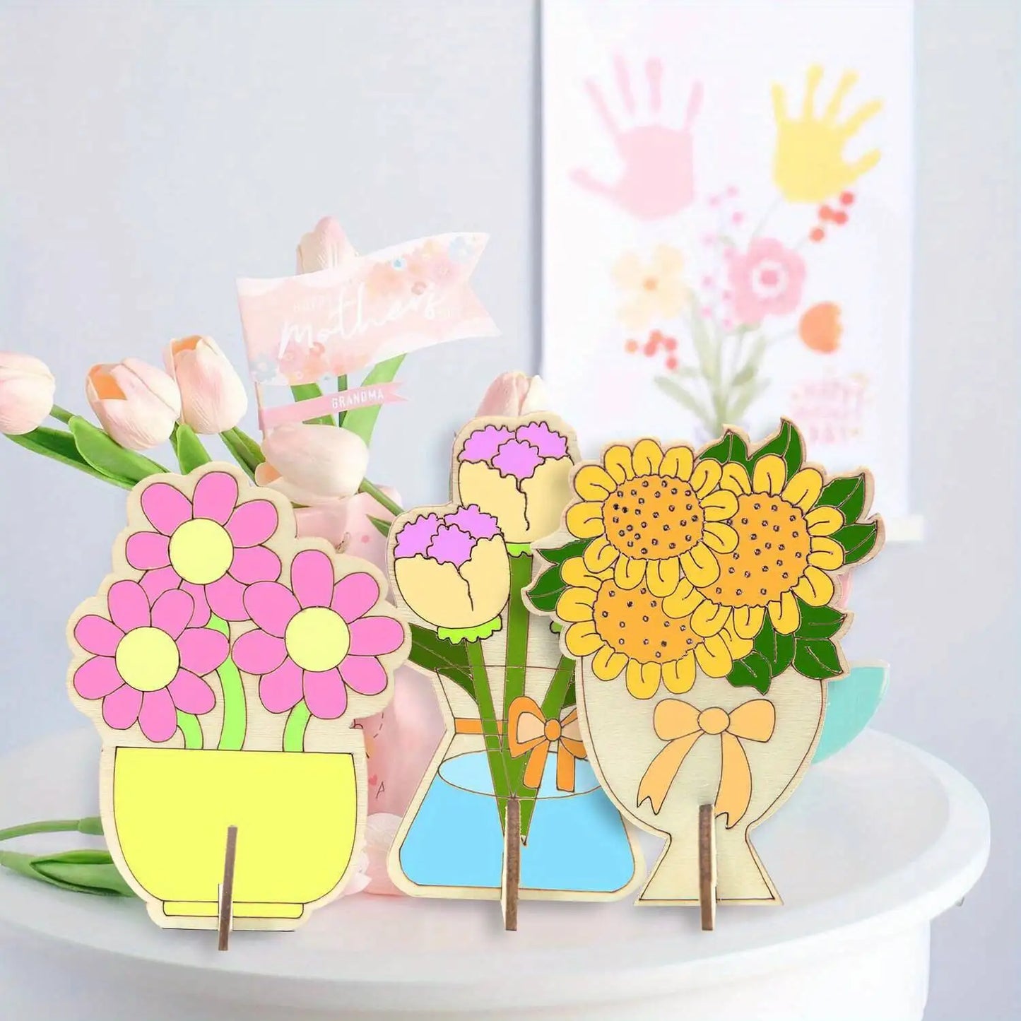 Houten figuren om zelf te kleuren/schilderen – Bloemenboeket decoratie (16 stuks)