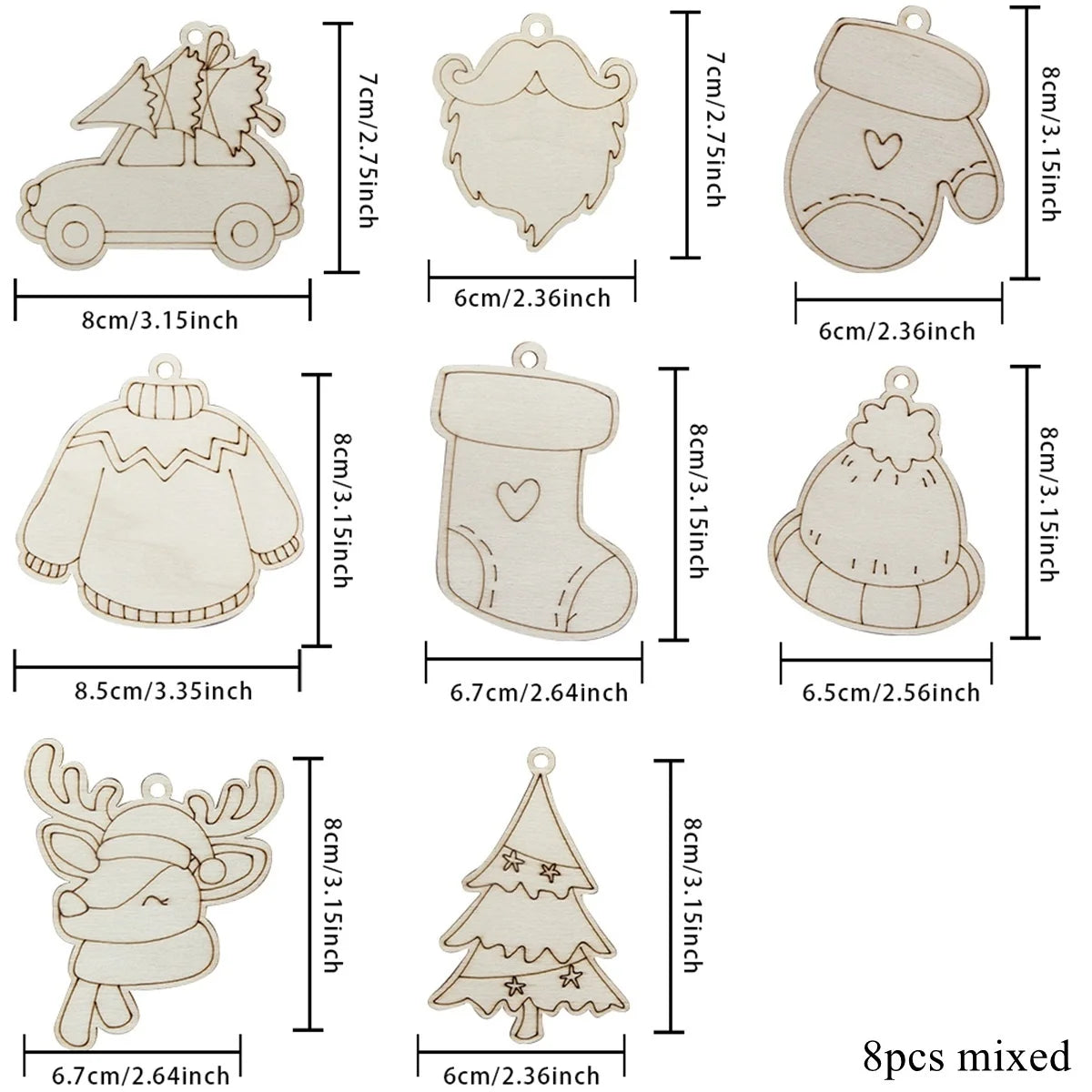 Houten figuur om zelf te schilderen/kleuren – 8 stuks kerst herten, auto’s en mutsen hangornamenten