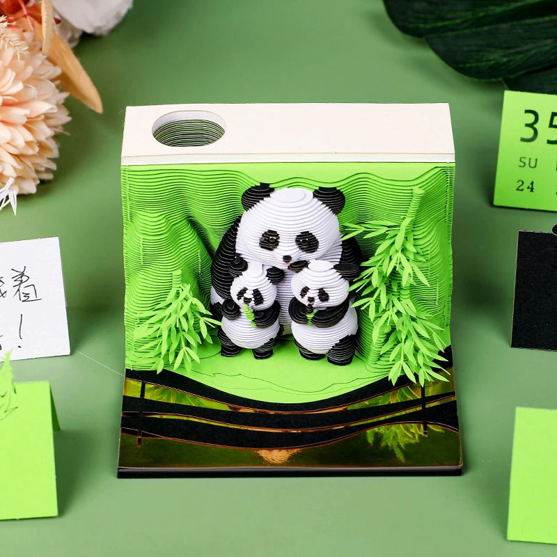 3D Papier Sculptuur Panda Bureaukalender 2026 met Notitieblok en Creatief Ontwerp