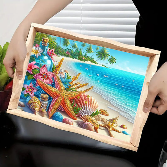 Diamond Painting Dienblad Zee, Strand en Zeesterren met Speciale Kristalsteentjes Houten Tray