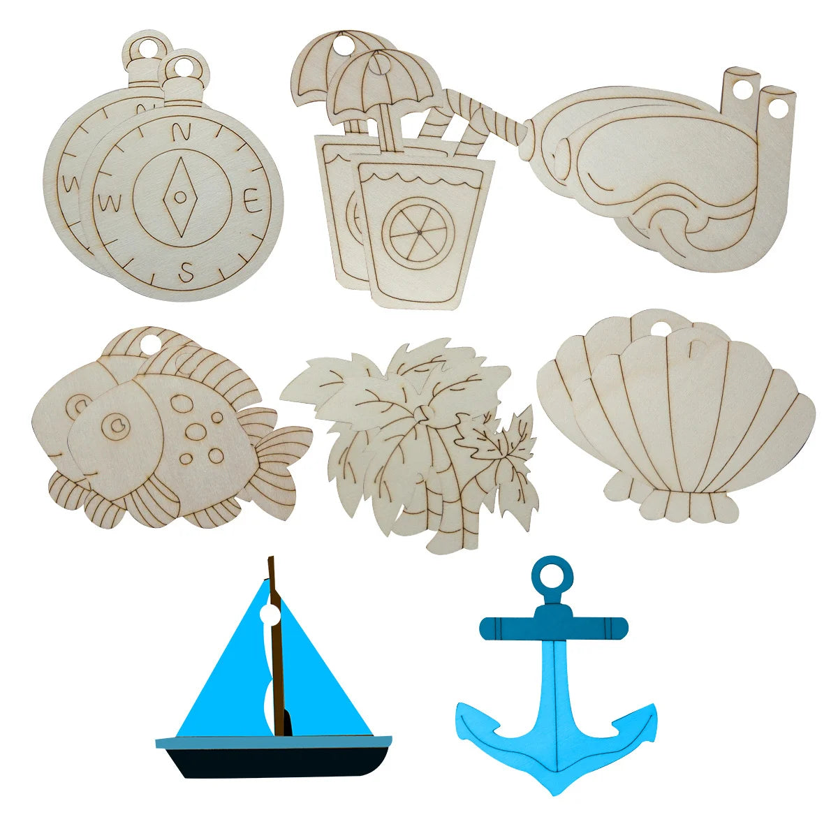 Houten figuur om zelf te schilderen/kleuren – Zeedieren en boot decoraties set