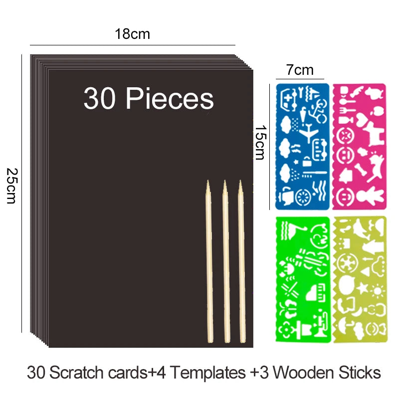 Krastekening set met 4 schildertemplates en kleurrijk kraspapier