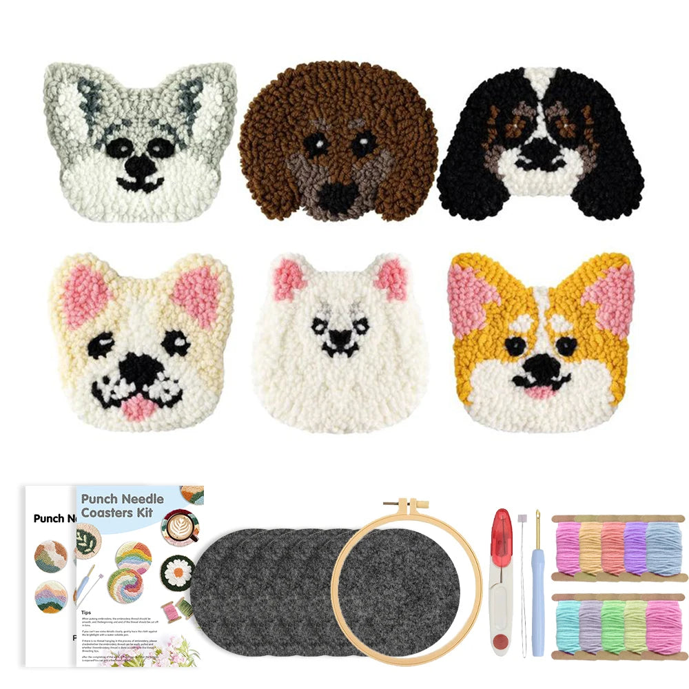 Punch Needle pakket onderzetters honden 6-delig voor beginners