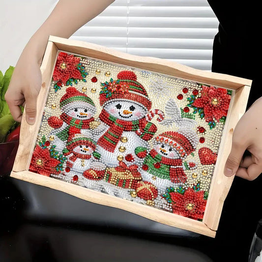 Diamond Painting Dienblad Kerst Sneeuwpoppen Houten Serveertray met Handvat