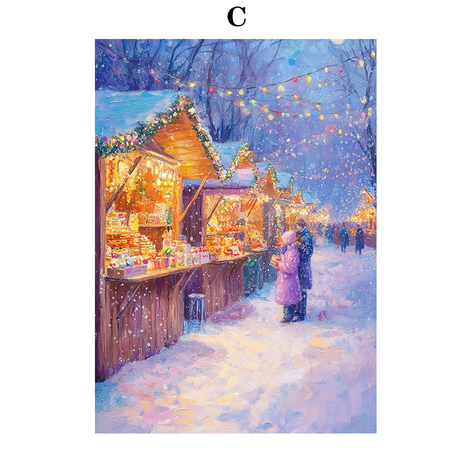 Kerst schilderij sfeervol nachtelijk sneeuwhuis met kerstboom op canvas