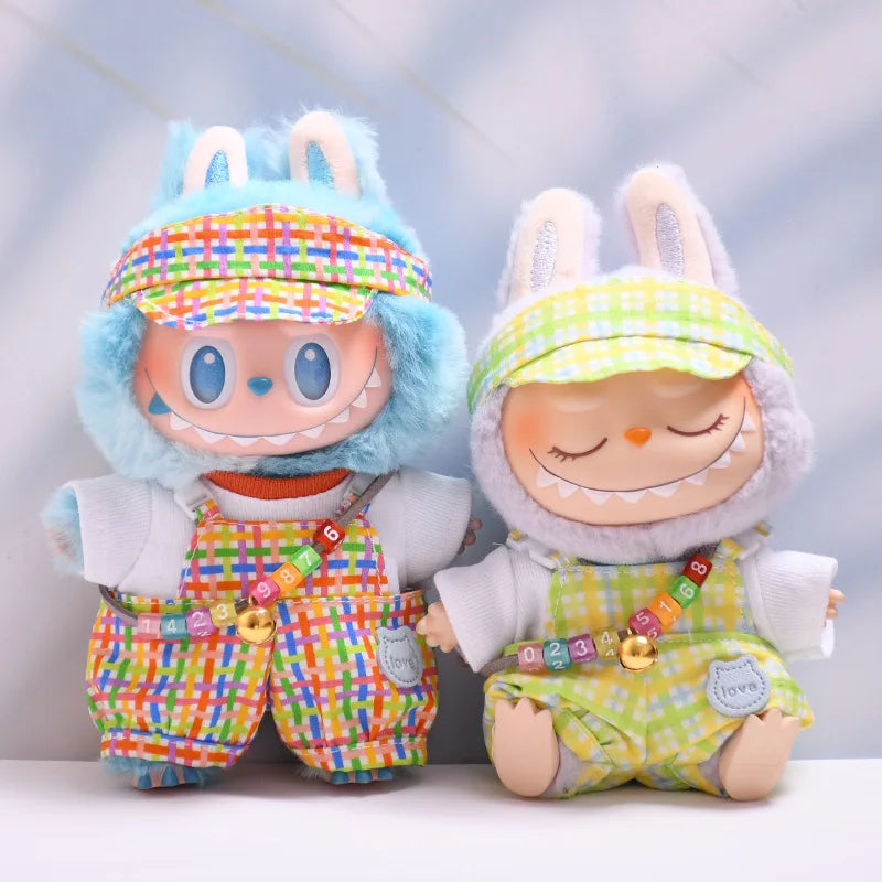 Kleding voor Labubu poppen – Regenboog overall en hoed set 15/17cm