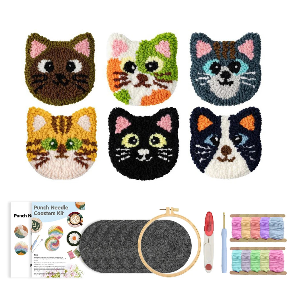 Punch Needle pakket onderzetters katten set met 6 onderzetters voor beginners