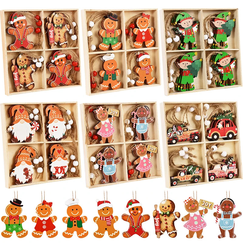Kerstboom ornament houten gingerbread man en kerstgnomen hangers