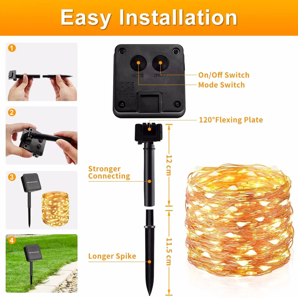 Solar Kerstverlichting multicolor buiten – koperkleurige draad met 8 lichtstanden