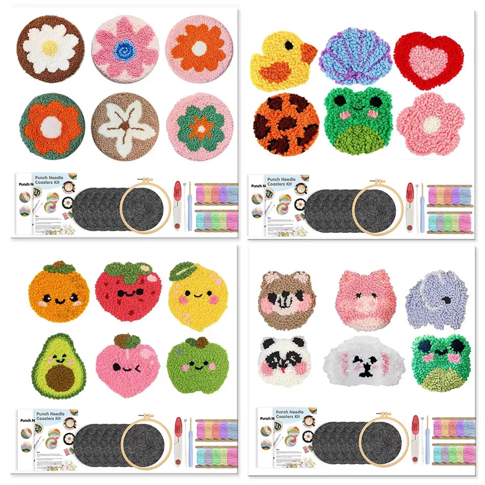 Punch Needle pakket Onderzetters Dieren en Bloemen 6 Stuks voor Beginners