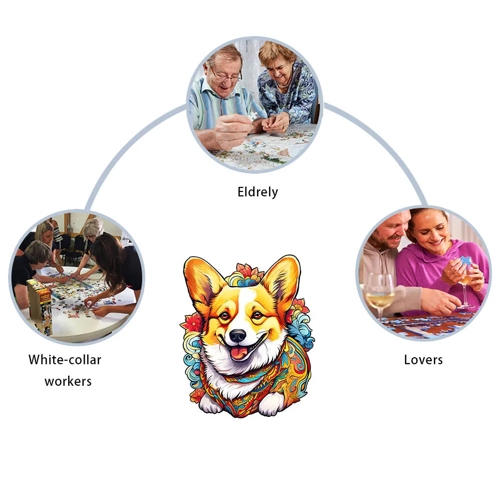 Houten figuren puzzel Kleurrijke Hond – Luxe Cadeaubox