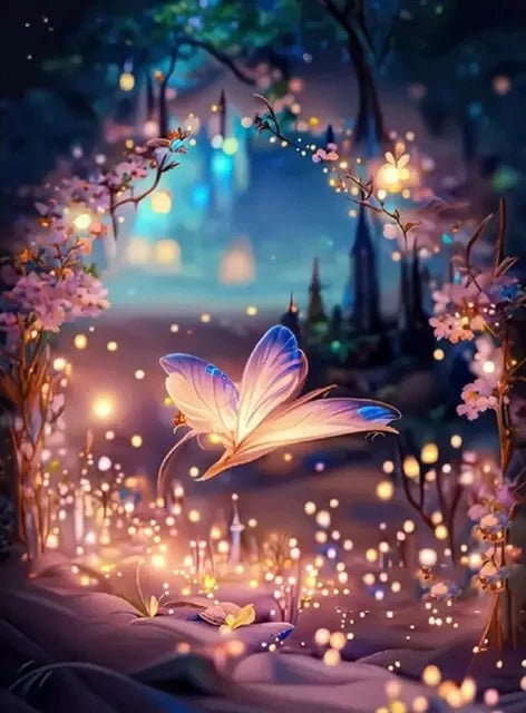 AB Diamond Painting op canvas - Fairy Dust Fantasy met Sterrenhemel, Boom & Vlinder