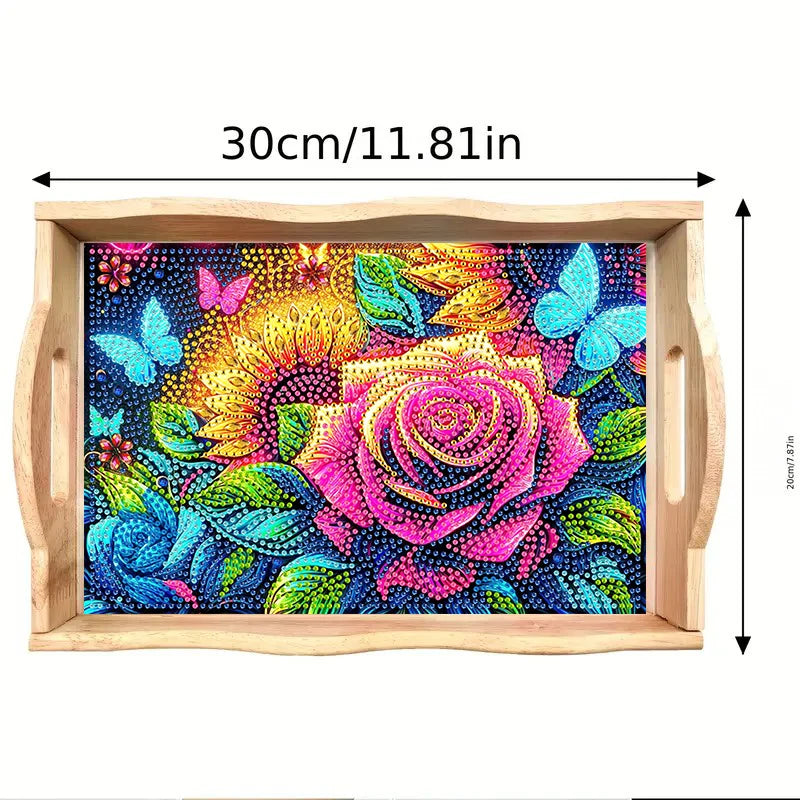 Diamond Painting Dienblad Roos, Zonnebloem en Vlinders Houten Tray met Handvat