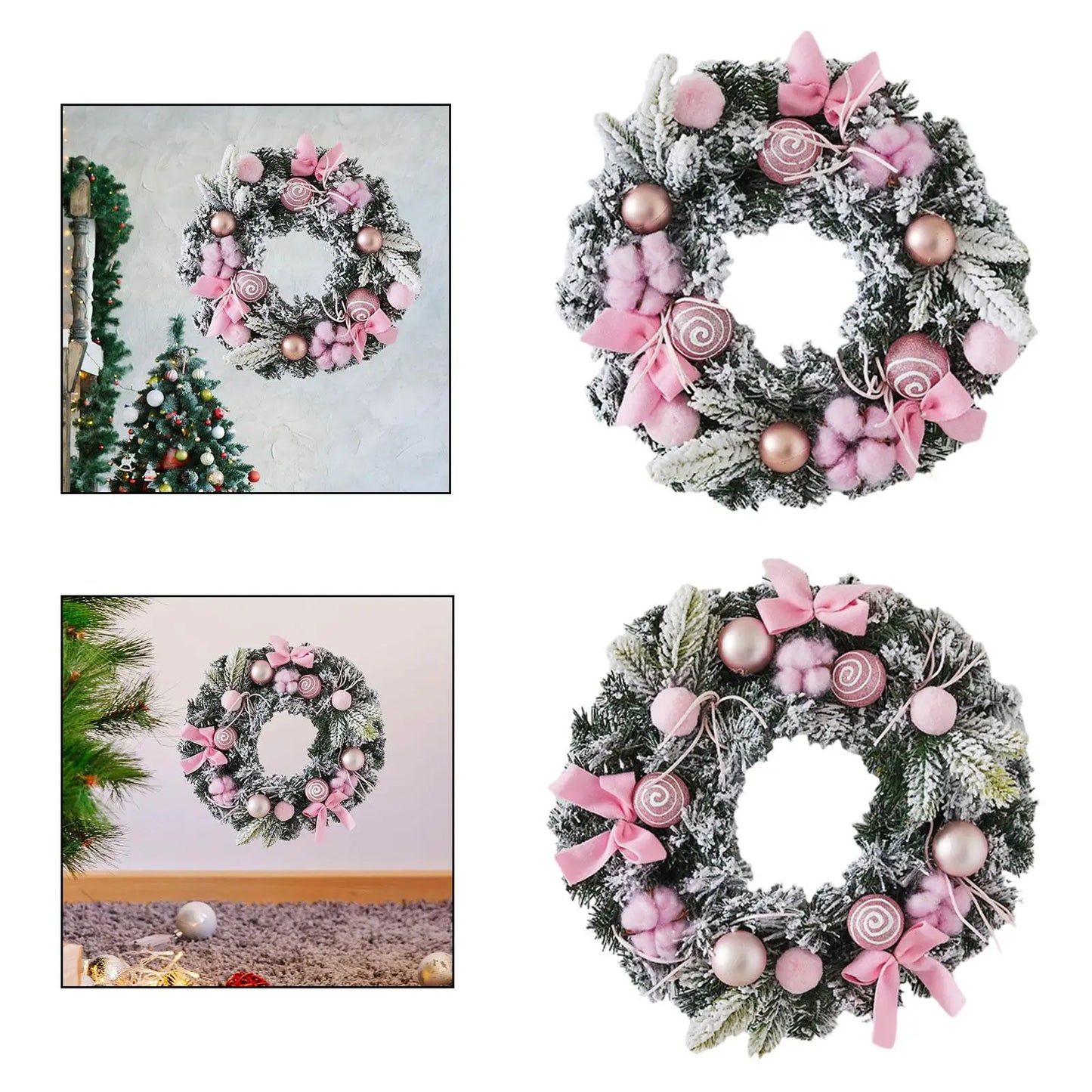 Kerst krans met roze strik – stijlvolle winterdecoratie voor deur en muur