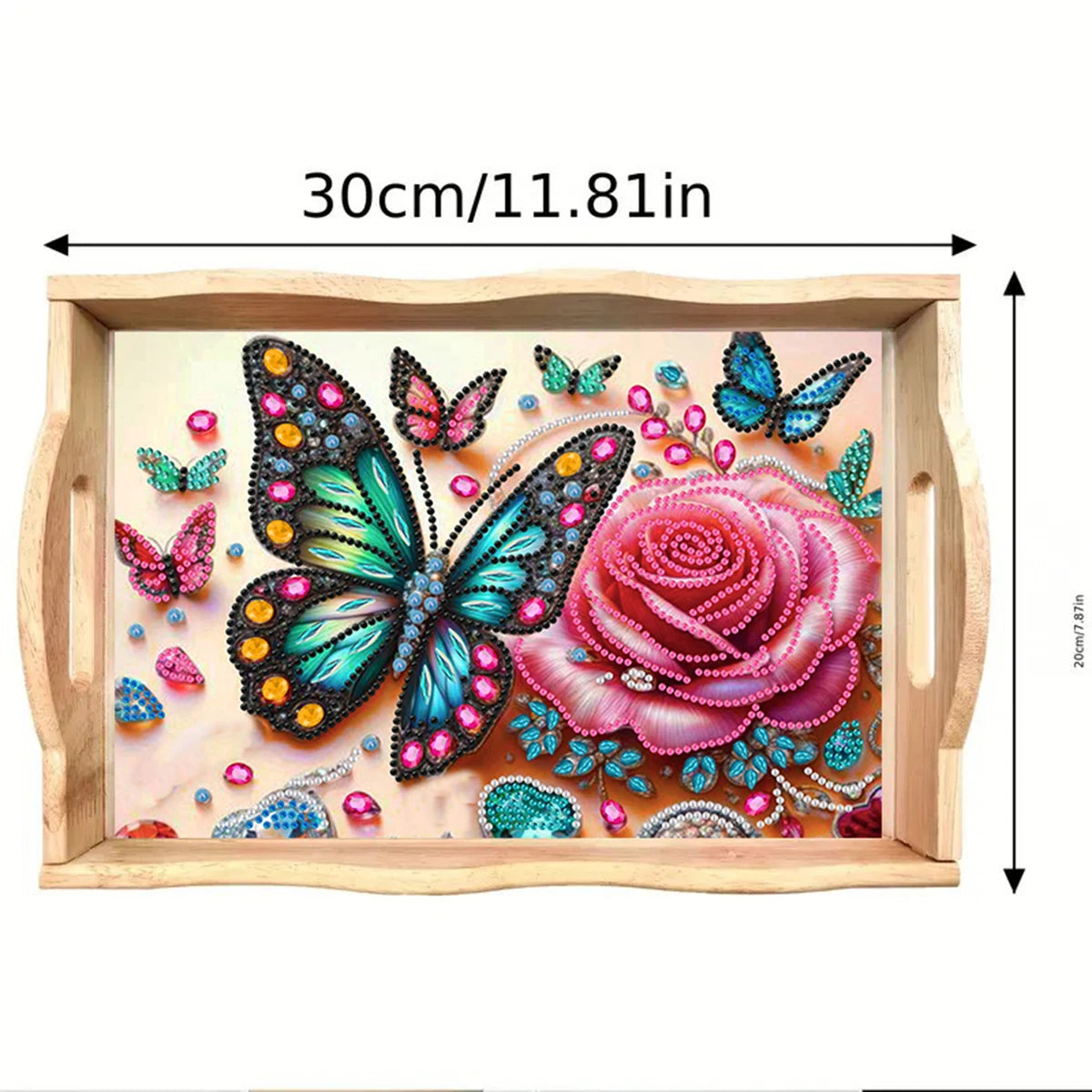 Diamond Painting Dienblad Roos en Vlinders Houten Serveerblad met Handvat