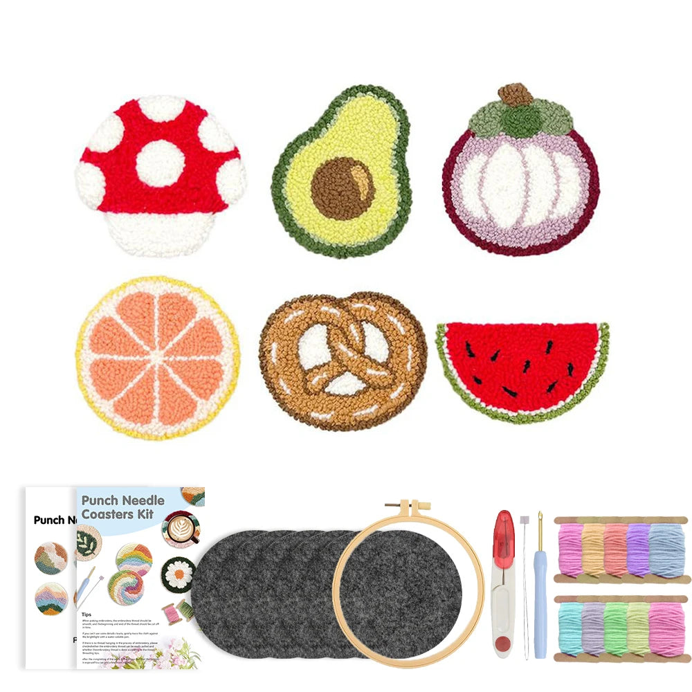 Punch Needle pakket Cartoon Eten Onderzetters Set 6 Stuks voor Beginners