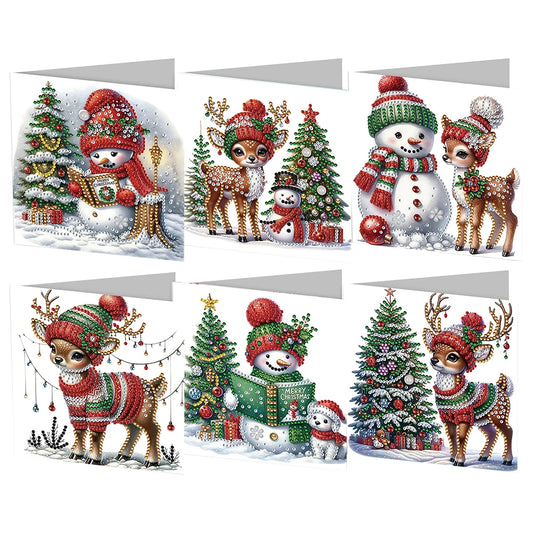 Diamond Painting Kerstkaarten set sneeuwpop kerstboom rendier 6 stuks