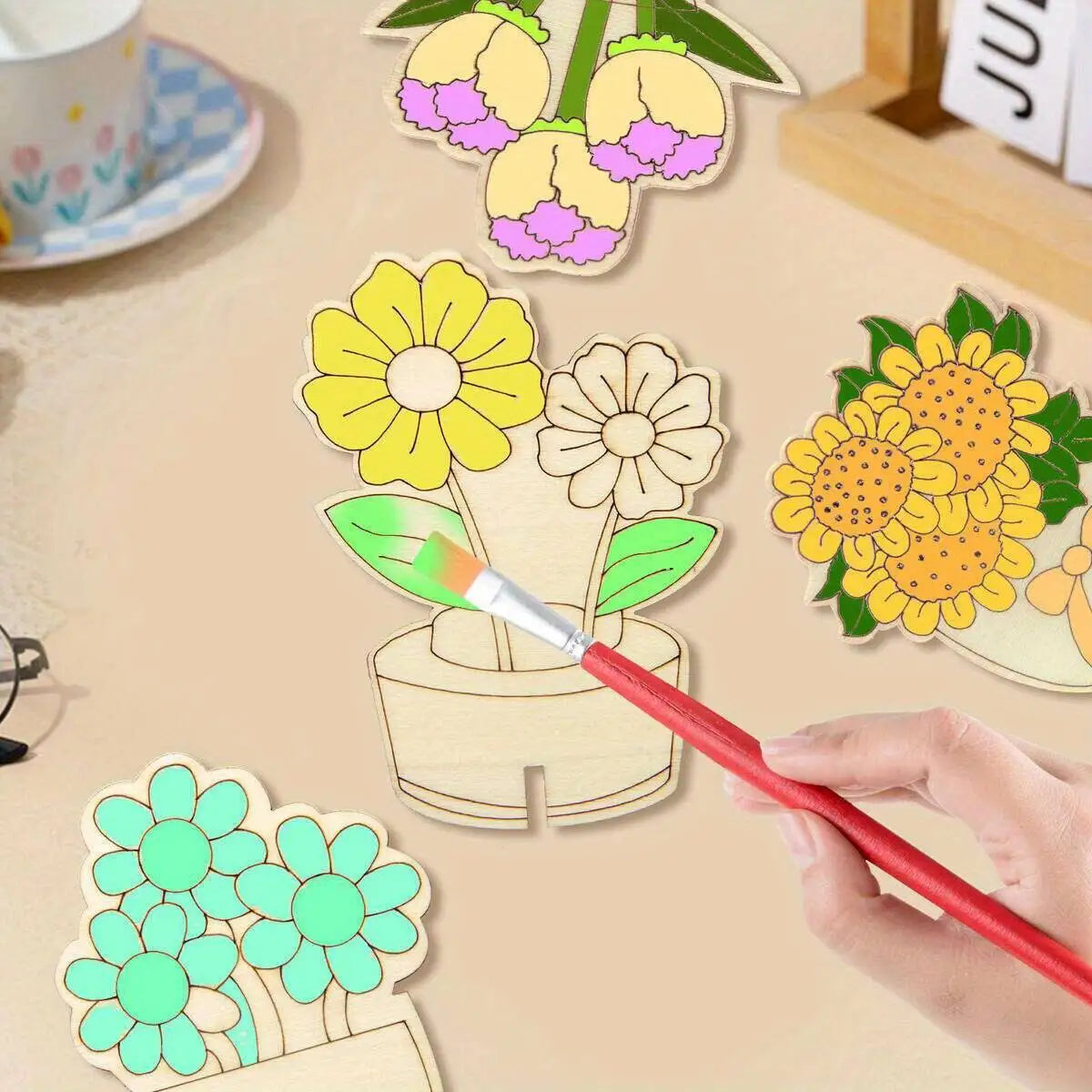 Houten figuren om zelf te kleuren/schilderen – Bloemenboeket decoratie (16 stuks)