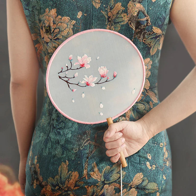Borduurpakket rond Chinese bloemen waaier met voorgedrukt patroon