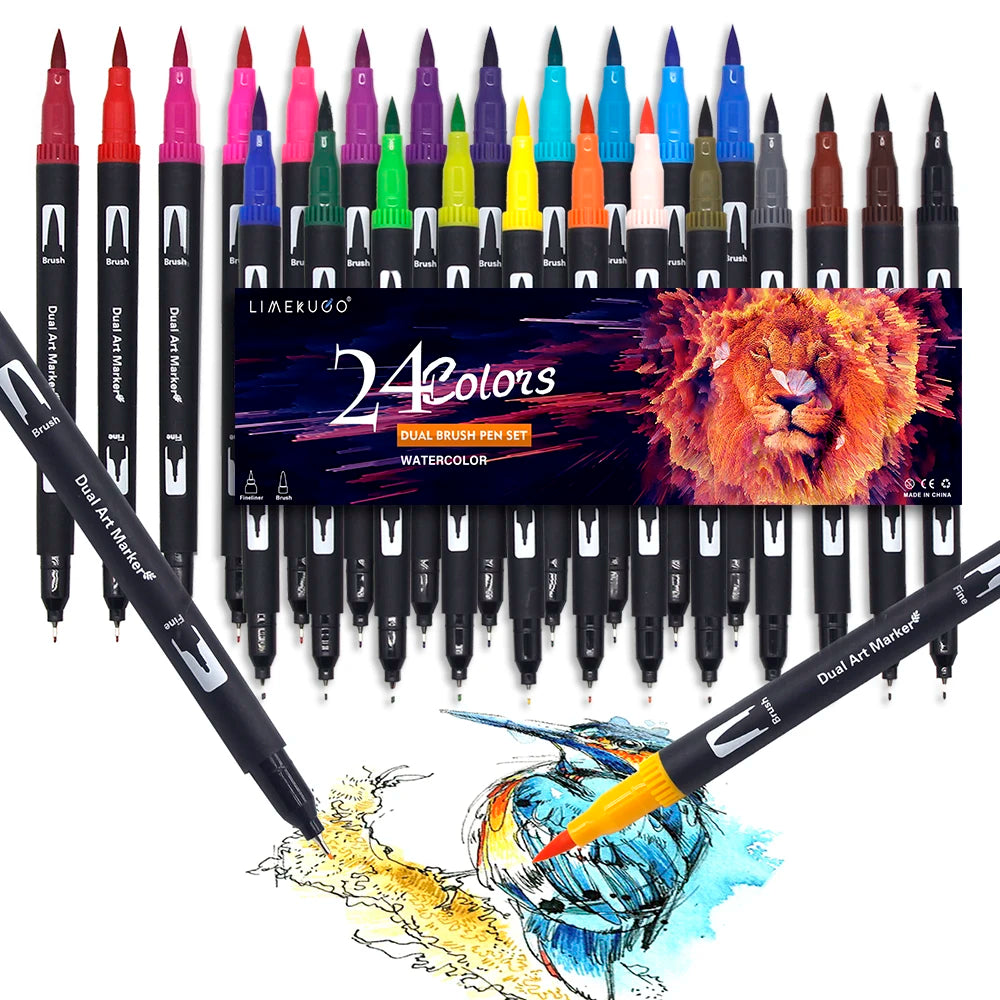 Stiften set met dual-tip brush pens en fineliner aquarel markers